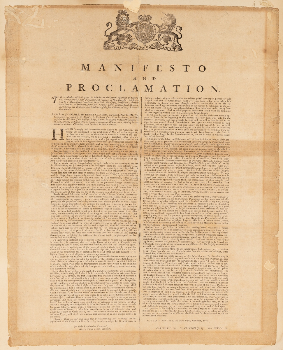 Manifesto & Proclamation October 1778 $22,800